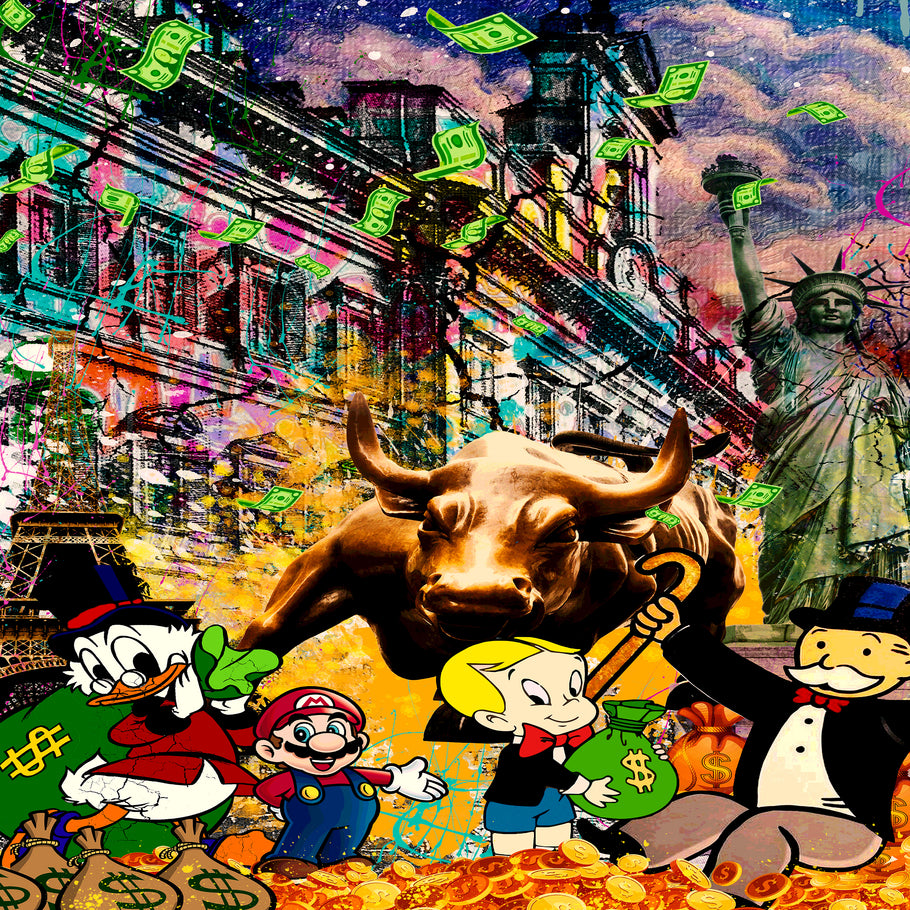 Leinwand Bilder Börse Bulle Figuren Pop Art Wandbilder -Hochwertiger Kunstdruck B8470