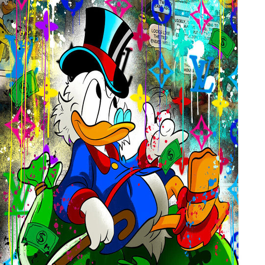 Leinwand Bilder Dagobert Duck GedlsackPop Art Wandbilder-Hochwertiger Kunstdruck B8419