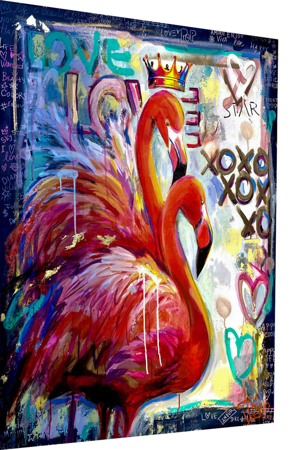 Leinwand Bilder Flamingos Herz Pop Art Wandbilder -Hochwertiger Kunstdruck B8359