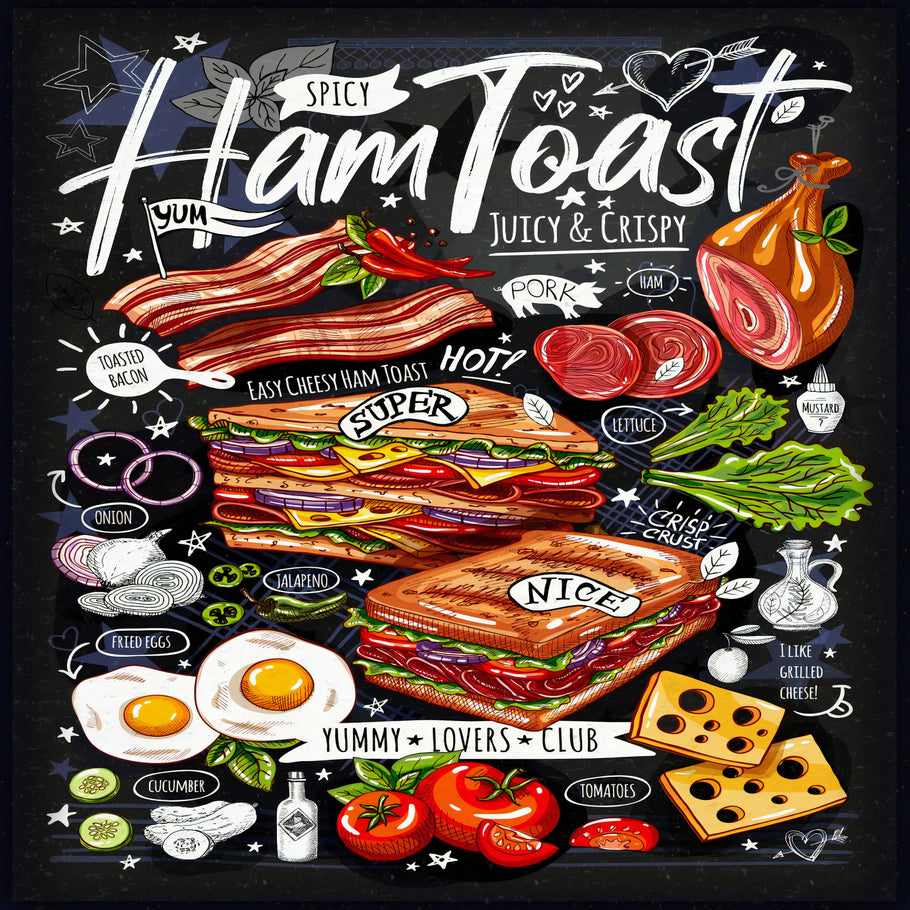 Leinwand Gastro Ham Toast Speisekarte Bilder Wandbilder -Hochwertiger Kunstdruck B8244