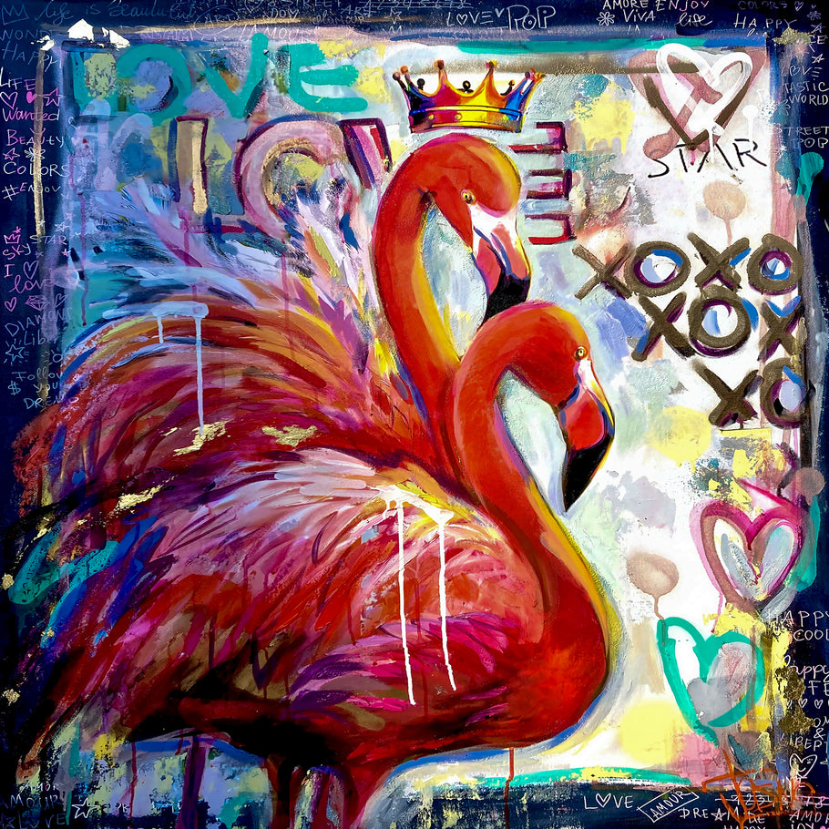 Leinwand Bilder Flamingos Herz Pop Art Wandbilder -Hochwertiger Kunstdruck B8359