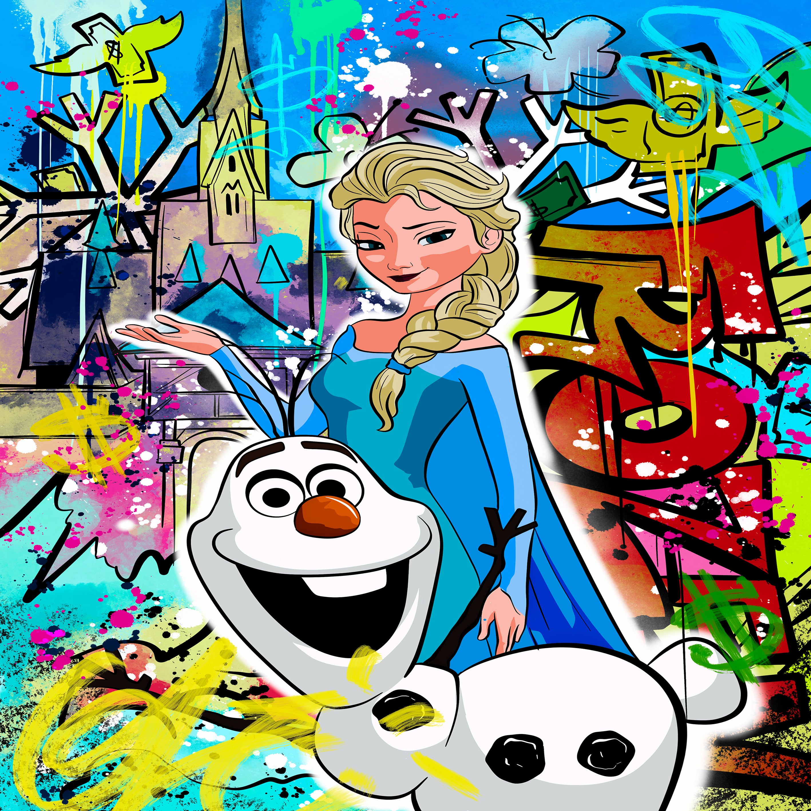 Elsa Art Pop Art Bilder -Hochwertiger Leinwand Wandbilder – Olaf Magic Frozen Kuns Canvas