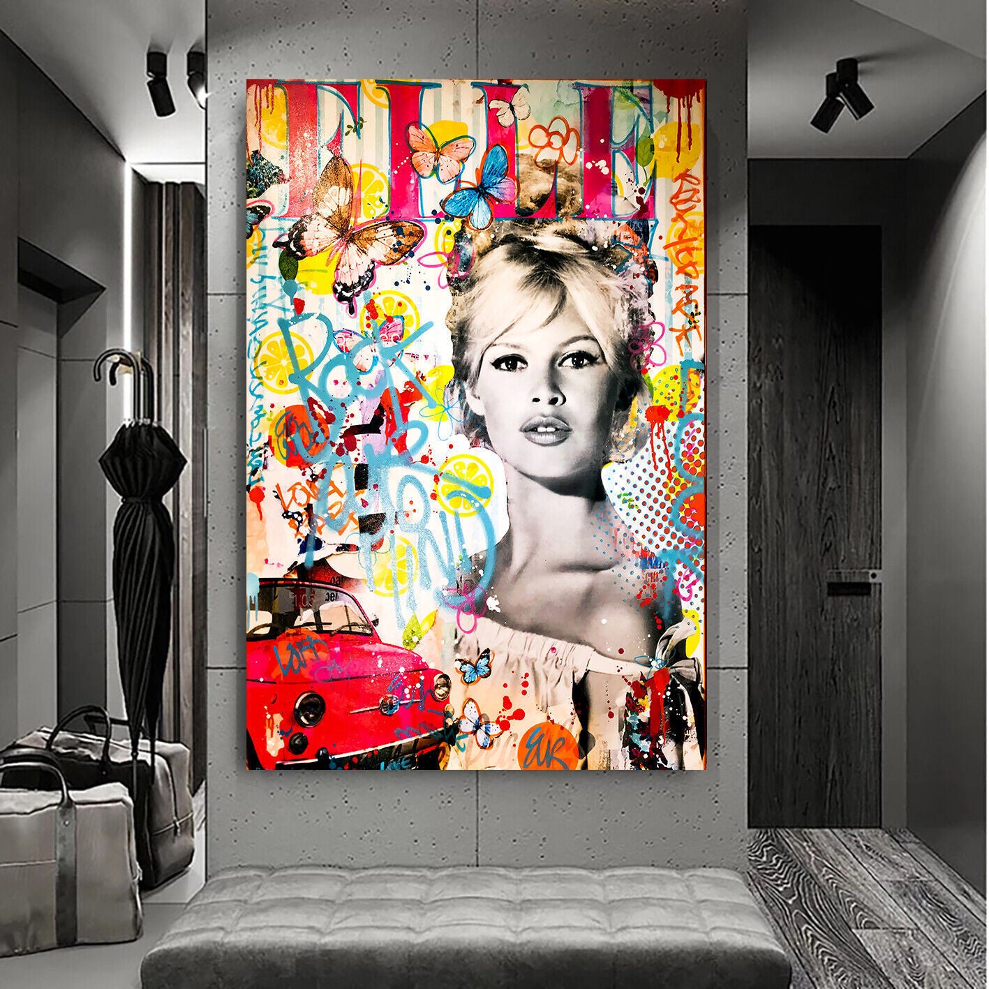 Leinwand Bilder Pop Art Frau Schmetterlinge Wandbilder-Hochwertiger Kunstdruck B8276