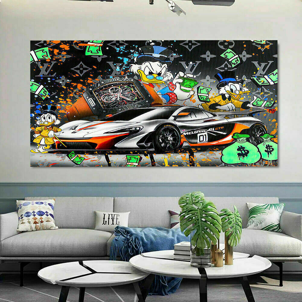 Pop Art Donald Duck Auto Leinwand Bilder Wandbilder - Hochwertiger Kunstdruck B8101