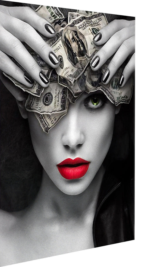 Leinwand Frau Geld Money rote Lippen Bilder Wandbilder - Hochwertiger Kunstdruck B8264