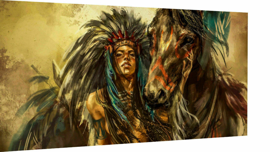 Leinwand Indianer Gemälde Kunst Bilder Wandbilder - Hochwertiger Kunstdruck
